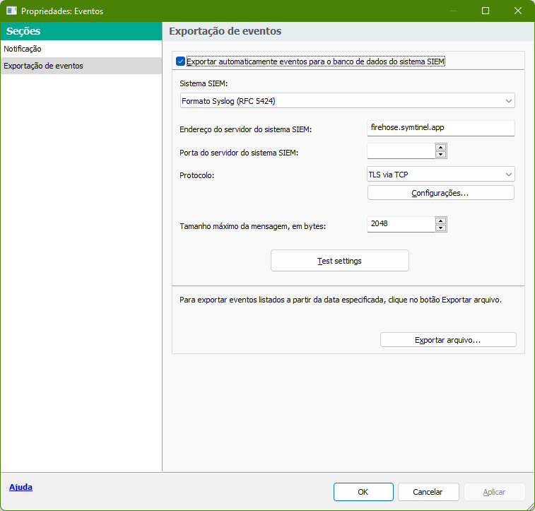 Configuração para exportar eventos